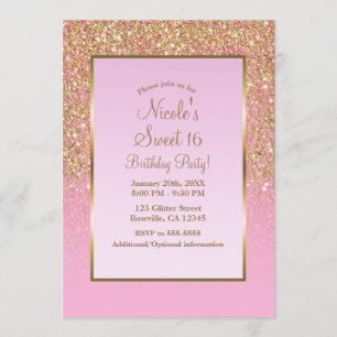 Invitation Fête Douce 16 ans Paillettes Luxe Or et Rose