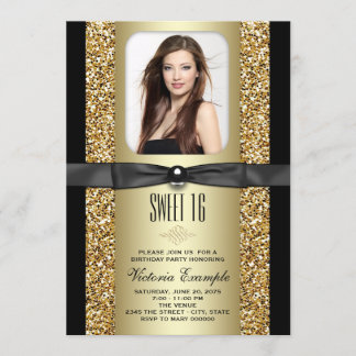 Invitation Fête douce 16 ans paillettes noir et or