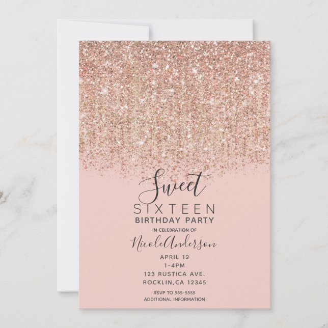Invitation Fête Douce 16 ans Paillettes Rose Gold & Rouge aux (Devant)