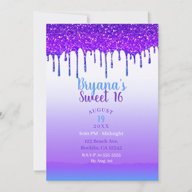 Invitation Fête Douce 16 ans Paillettes Violet Rose et Bleu q (Devant)