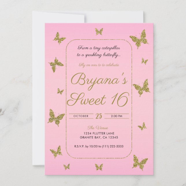 Invitation Fête douce 16 ans Papillon Paillettes Rose & Or (Devant)