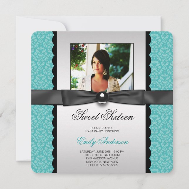 Invitation Fête douce 16 ans Photo Damask de Teal (Devant)