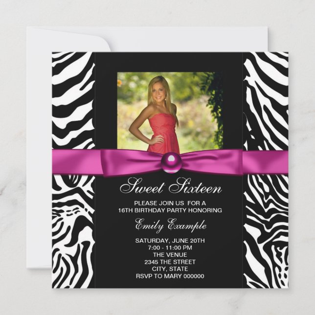 Invitation Fête douce 16 ans Photo Zèbre Rose Chaud (Devant)