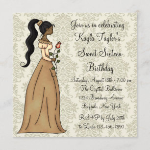 Invitation Fête douce 16 ans Princesse en damas d'ivoire