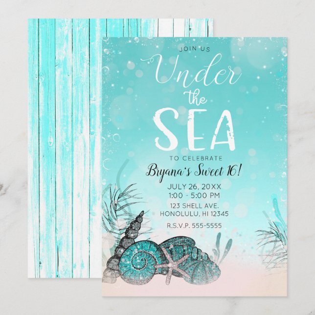 Invitation Fête douce 16 ans sarcelle sous la plage aux coqui (Devant / Derrière)