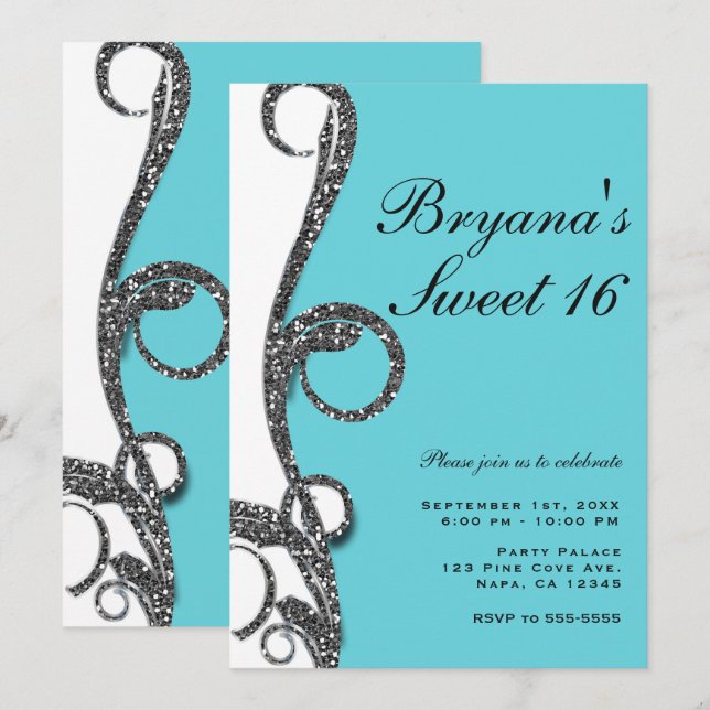 Invitation Fête Douce 16 Ans Tourbillon Paillettes Argent Bla (Devant / Derrière)
