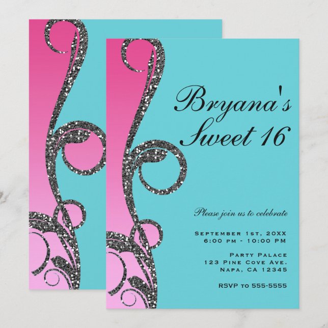 Invitation Fête douce 16 ans tourbillon paillettes argent ros (Devant / Derrière)