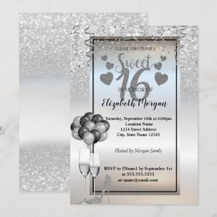 Invitation Fête douce 16 bougies Paillettes d'argent ,Verre,B