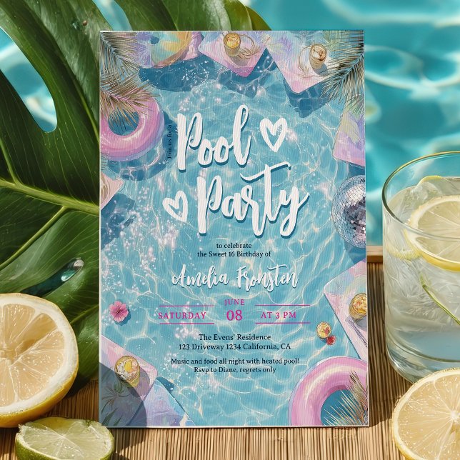 Invitation Fête Douce 16 Été Rétro Disco au Bord de la Piscin (Summer Retro Disco Sweet 16 Pool Vibes Party Invitation)