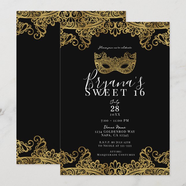 Invitation Fête Douce 16 Mascarade avec Dentelle Noire et Or (Devant / Derrière)
