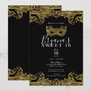 Invitation Fête Douce 16 Mascarade avec Dentelle Noire et Or