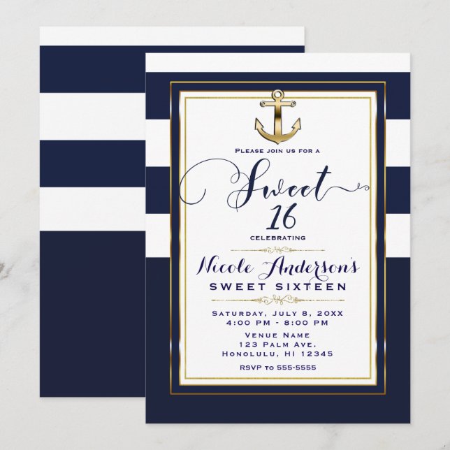 Invitation Fête douce 16 Navy Blanc & Or Ancre Naútico (Devant / Derrière)