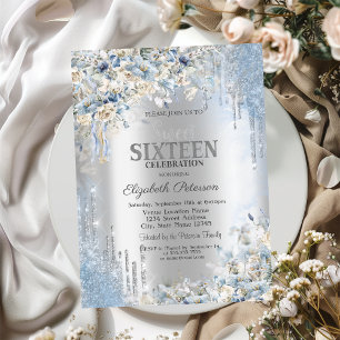Invitation Fête Douce 16 Paillettes Argent Fleurs Bleues