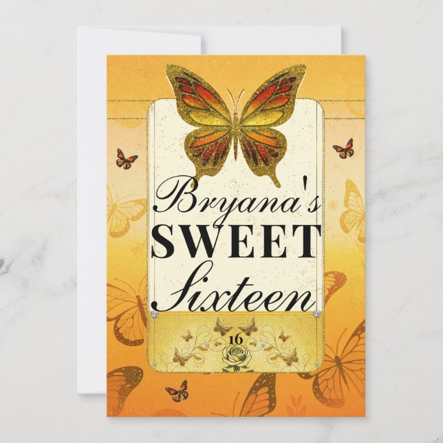 Invitation Fête douce 16 papillon orange jaune et or (Devant)