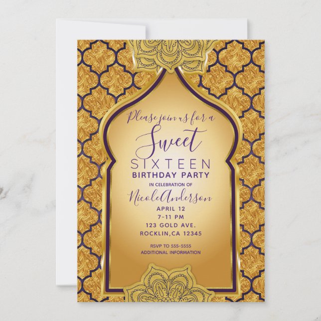 Invitation Fête douce 16 Purple & Gold Royal Indian Arabian (Devant)