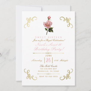 Invitation Fête Douce 16 Rose Florale Rose Et Coins Dorés