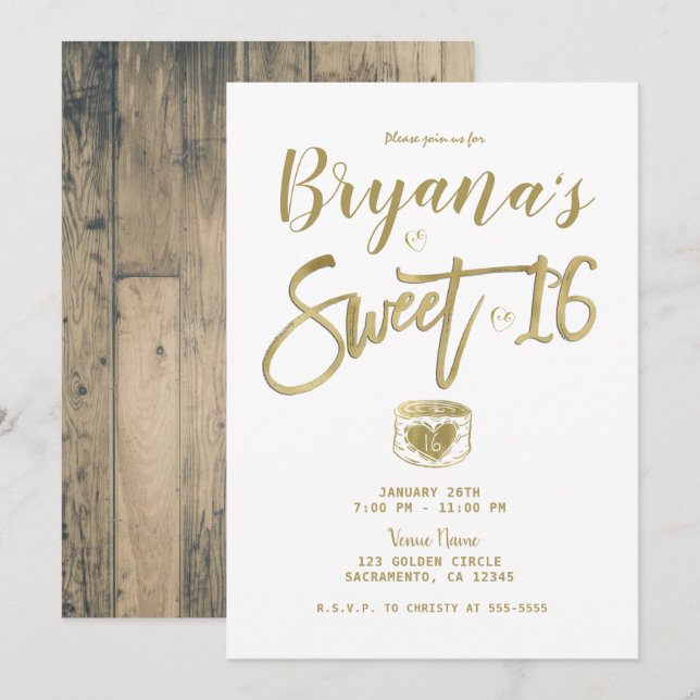 Invitation Fête Douce 16 Rustique Grange Bois Or & Blanc Chic (Devant / Derrière)