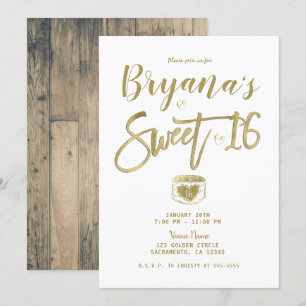 Invitation Fête Douce 16 Rustique Grange Bois Or & Blanc Chic