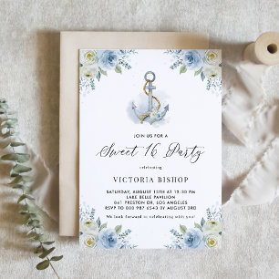 Invitation Fête Douce 16 Thème Floral Ancre Aquarelle Nautiqu