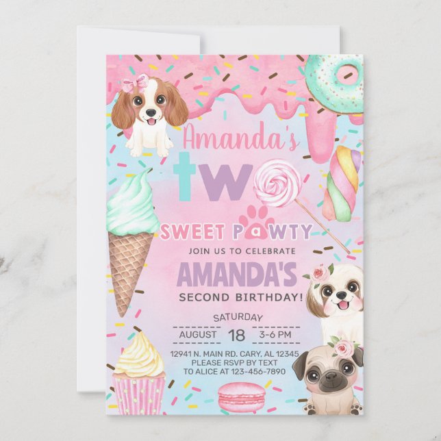 Invitation Fête douce des chiots fille deuxième, 2e anniversa (Devant)