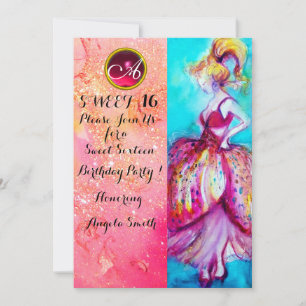 Invitation FÊTE DOUCE FILLE 16 ANS, Monogramme à paillettes r