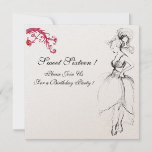 Invitation FÊTE DOUCE FILLE 16 ANS, Noir, Blanc Tourbillons R