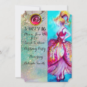 Invitation FÊTE DOUCE JEUNE FILLE 16 ANS, Monogramme à paille