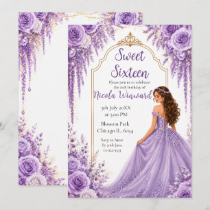 Invitation Fête Douce Lavande Or Fleurie Sweet Sixteen