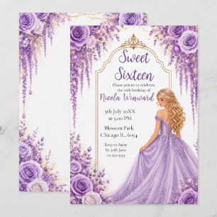 Invitation Fête Douce Lavande Or Fleurie Sweet Sixteen