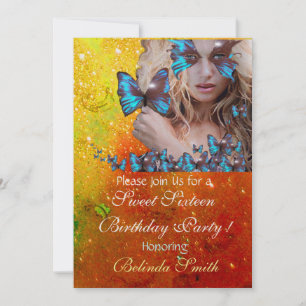 INVITATION FÊTE DOUCE PAPILLON BLEU 16 ANS  MONOGRAMME, OR