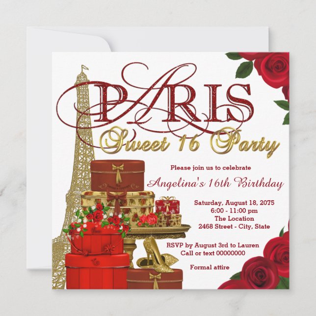 Invitation Fête douce Paris 16 Rouge et Or (Devant)