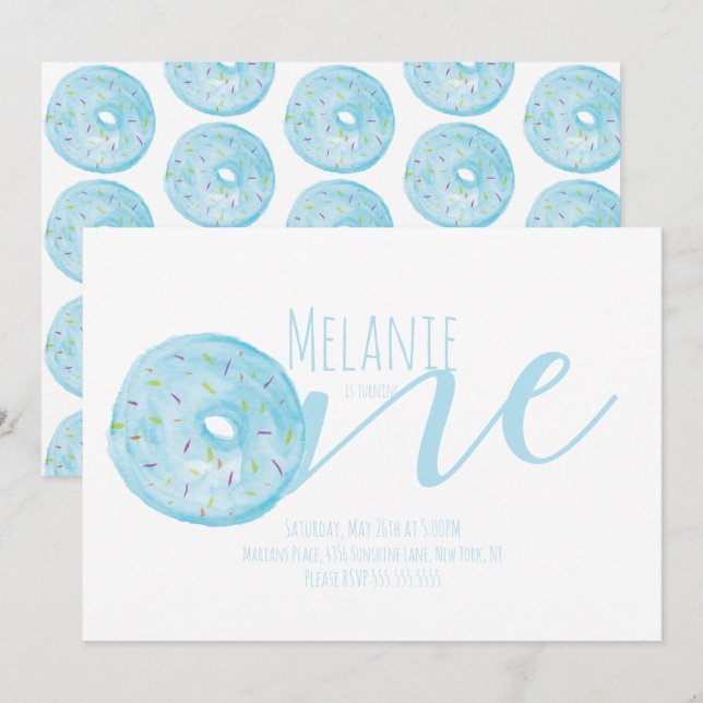 Invitation Fête douce pour le premier anniversaire au donut à (Devant / Derrière)
