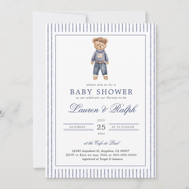 Invitation Fête d'ours en peluche bleu inspirée pour bébé (Devant)