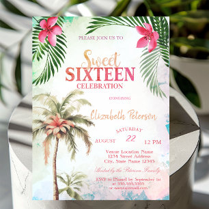 Invitation Fête Douze Ans Fleurs Tropicales Palmiers Été