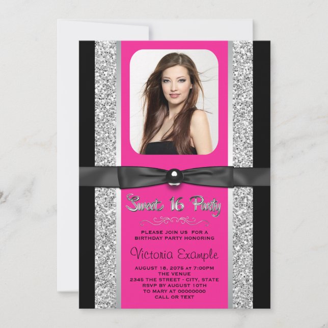 Invitation Fête Douze Ans Rose Chaud Paillettes Argentées (Devant)