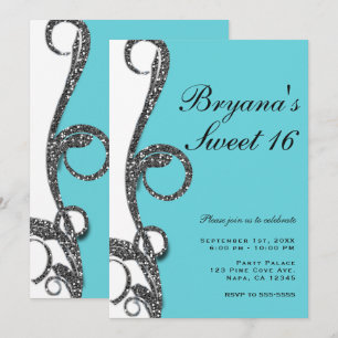Invitation Fête Douze Ans Turquoise Blanc Argent Paillettes T