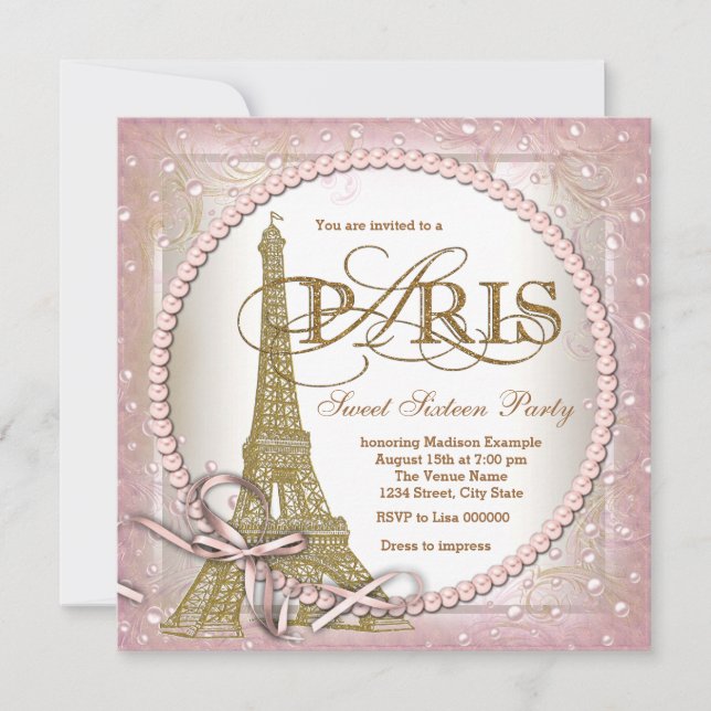 Invitation Fête Douzième Paris Fête Rose et Or Perle (Devant)