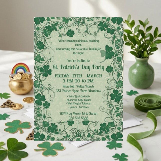 Invitation Fête drôle de la Saint-Patrick avec la vigne de tr (Wild Shamrock Vine Funky Saint Patricks Day Party Invitation)