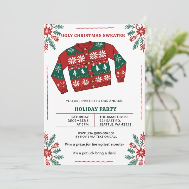 Invitation Fête drôle de pull de Noël moche rouge vert (Debout devant)