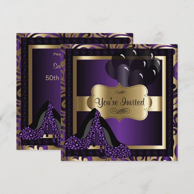 Invitation Fête du 00e anniversaire| Leopard mauve à talons h (Devant / Derrière)