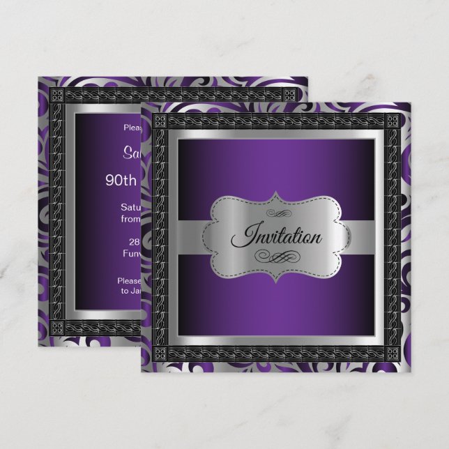 Invitation Fête du 00e anniversaire | Métal violet et argent (Devant / Derrière)