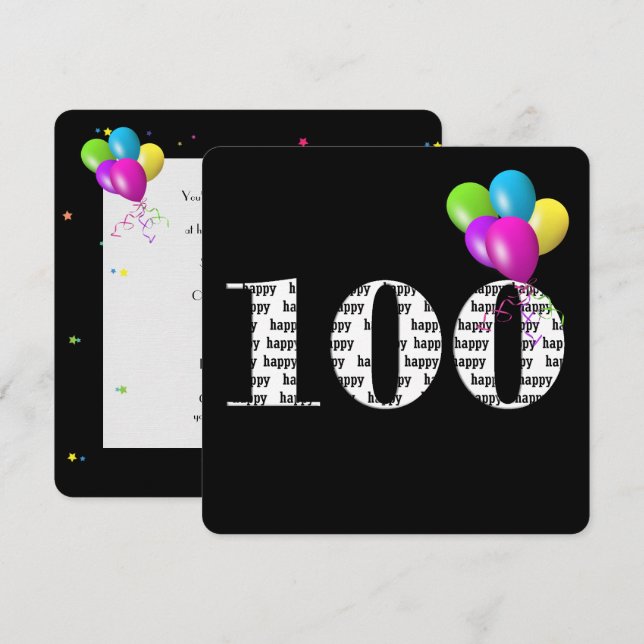 Invitation Fête du 100e anniversaire avec bouquet de ballons (Devant / Derrière)