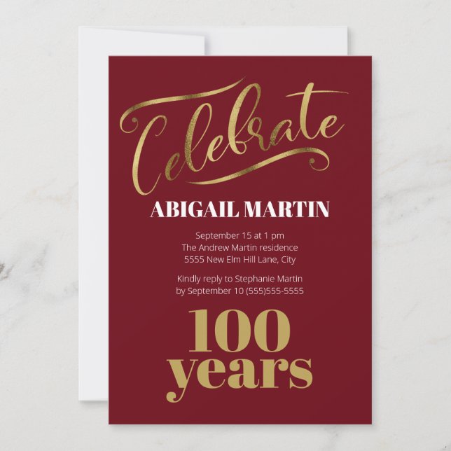 Invitation Fête du 100e anniversaire Burgundy Gold White (Devant)