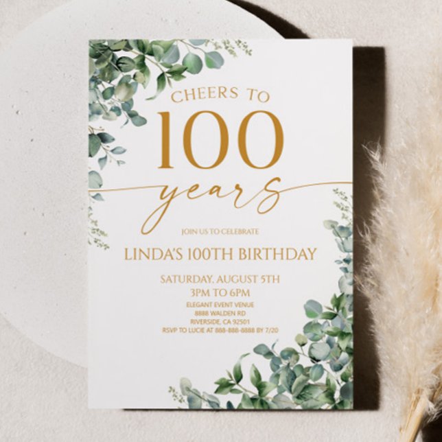 Invitation Fête du 100e anniversaire de Green Eucalyptus Gold (Créateur téléchargé)