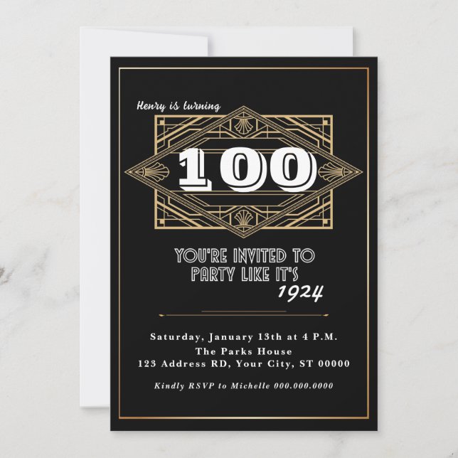 Invitation Fête du 100e anniversaire, Grand Gatsby, Art Déco (Devant)