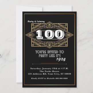 Invitation Fête du 100e anniversaire, Grand Gatsby, Art Déco