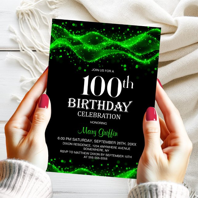 Invitation Fête du 100e anniversaire moderne noir et vert (Créateur téléchargé)