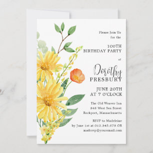 Invitation Fête du 100e anniversaire Printemps Floral Jaune