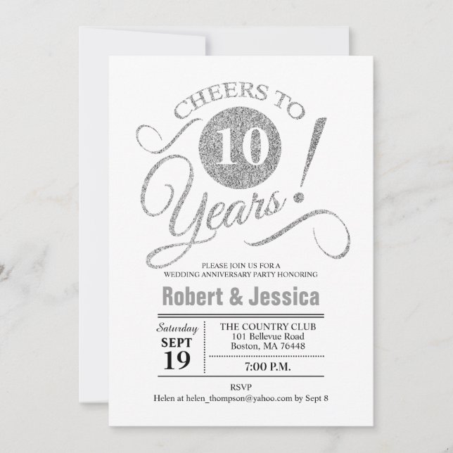Invitation Fête du 10e Anniversaire de Mariage - Blanc Argent (Devant)