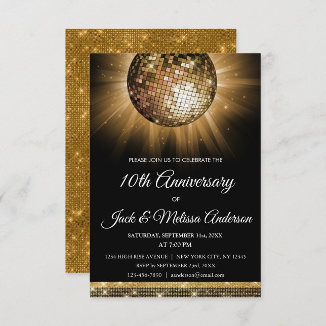 Invitation Fête du 10e Anniversaire de Mariage Boule Disco Or (Devant / Derrière)